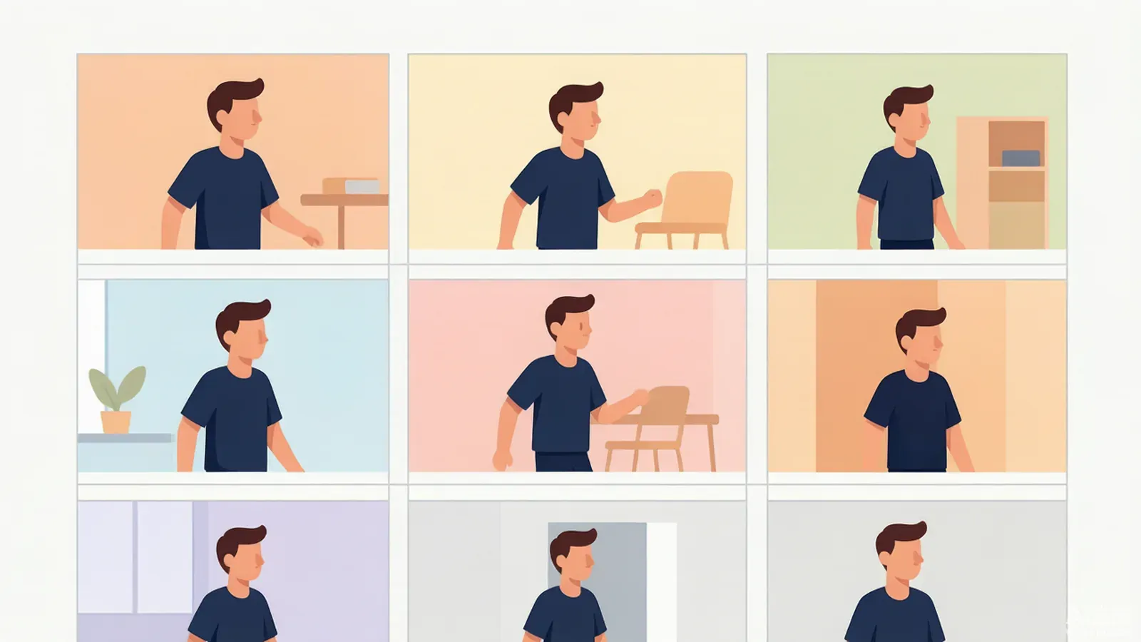 A storyboard grid showing consistent character design and brand color palette across all frames