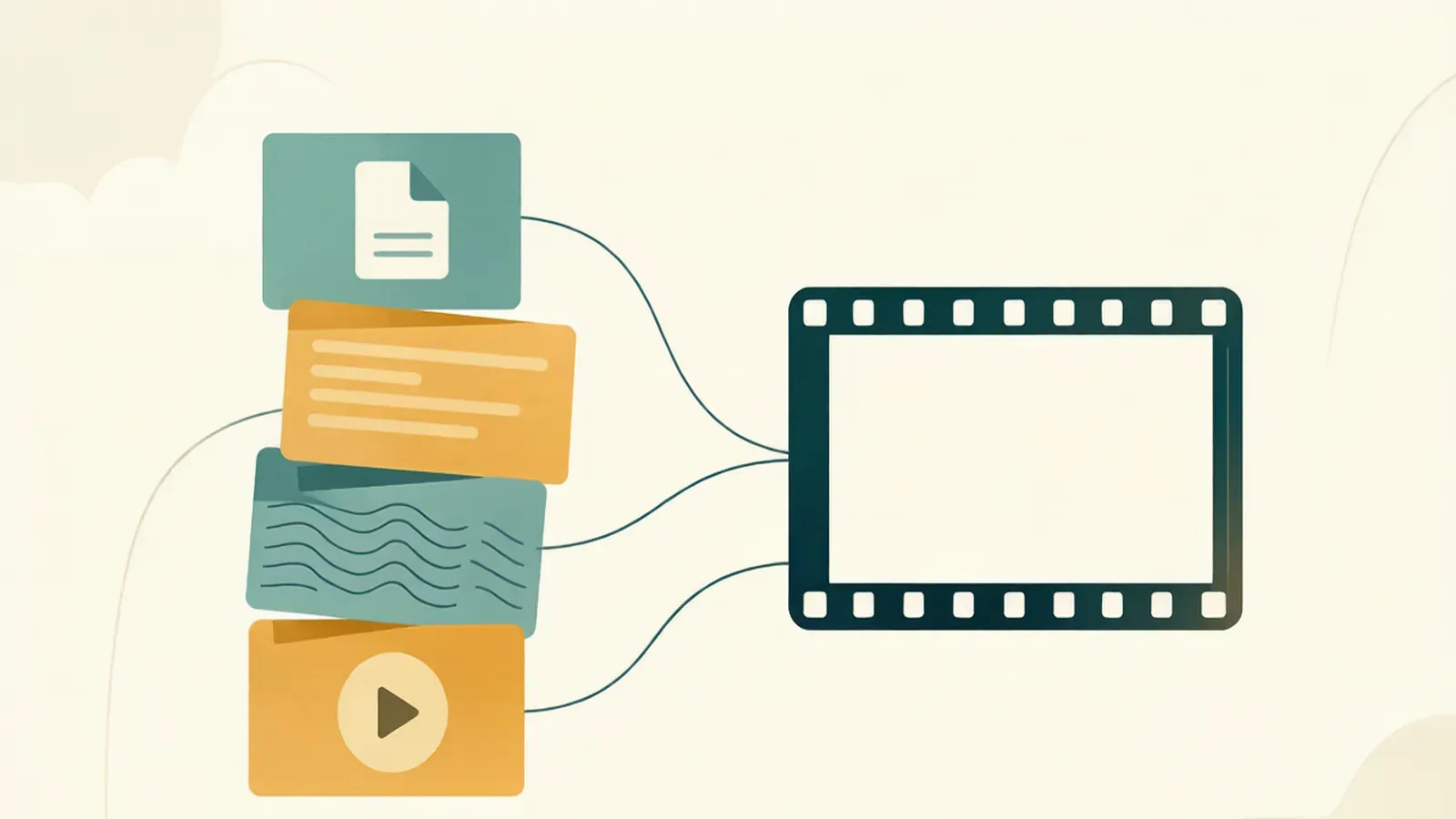Four stacked document cards linked by thin lines to a single empty film frame