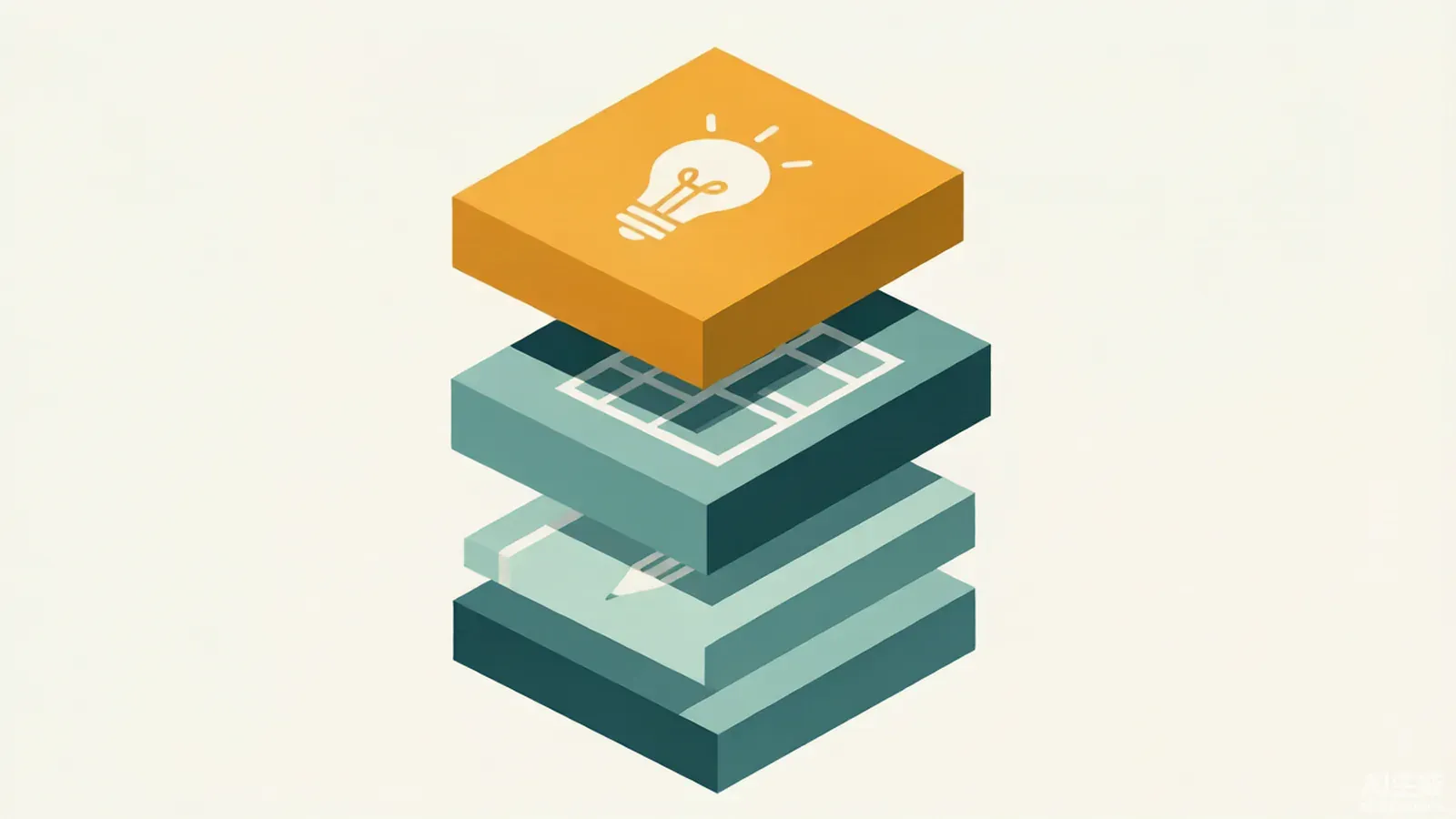 Illustration of a four-layer vertical stack with the top layer highlighted, representing the order to refresh hook, visual, angle, and format