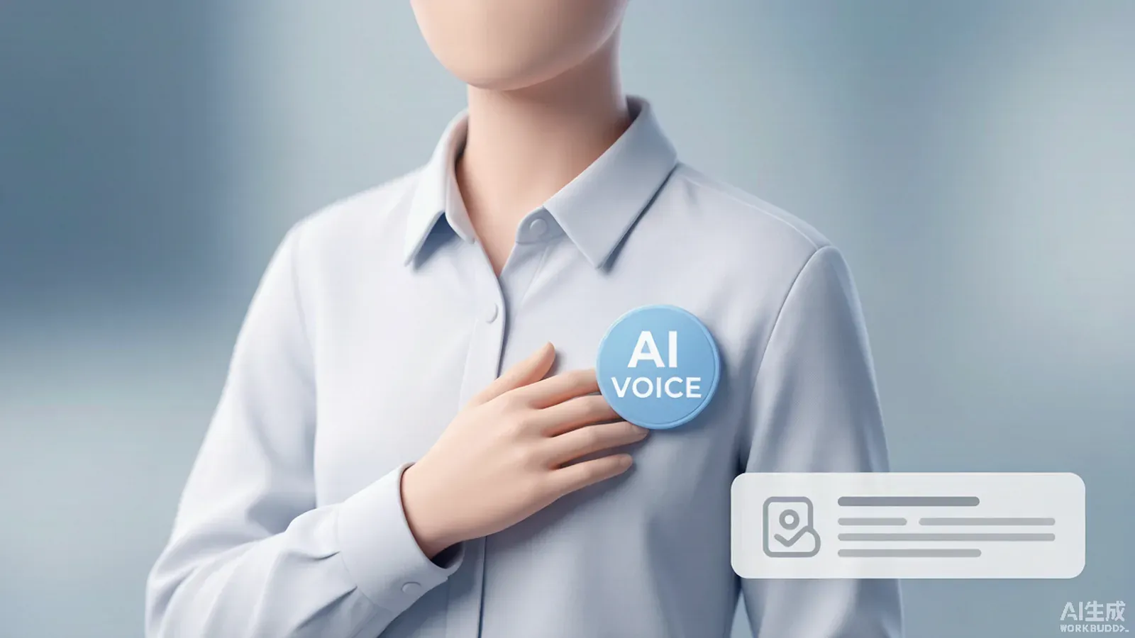 A synthesized spokesperson avatar carrying an AI-voice disclosure badge and a content credentials label for provenance.