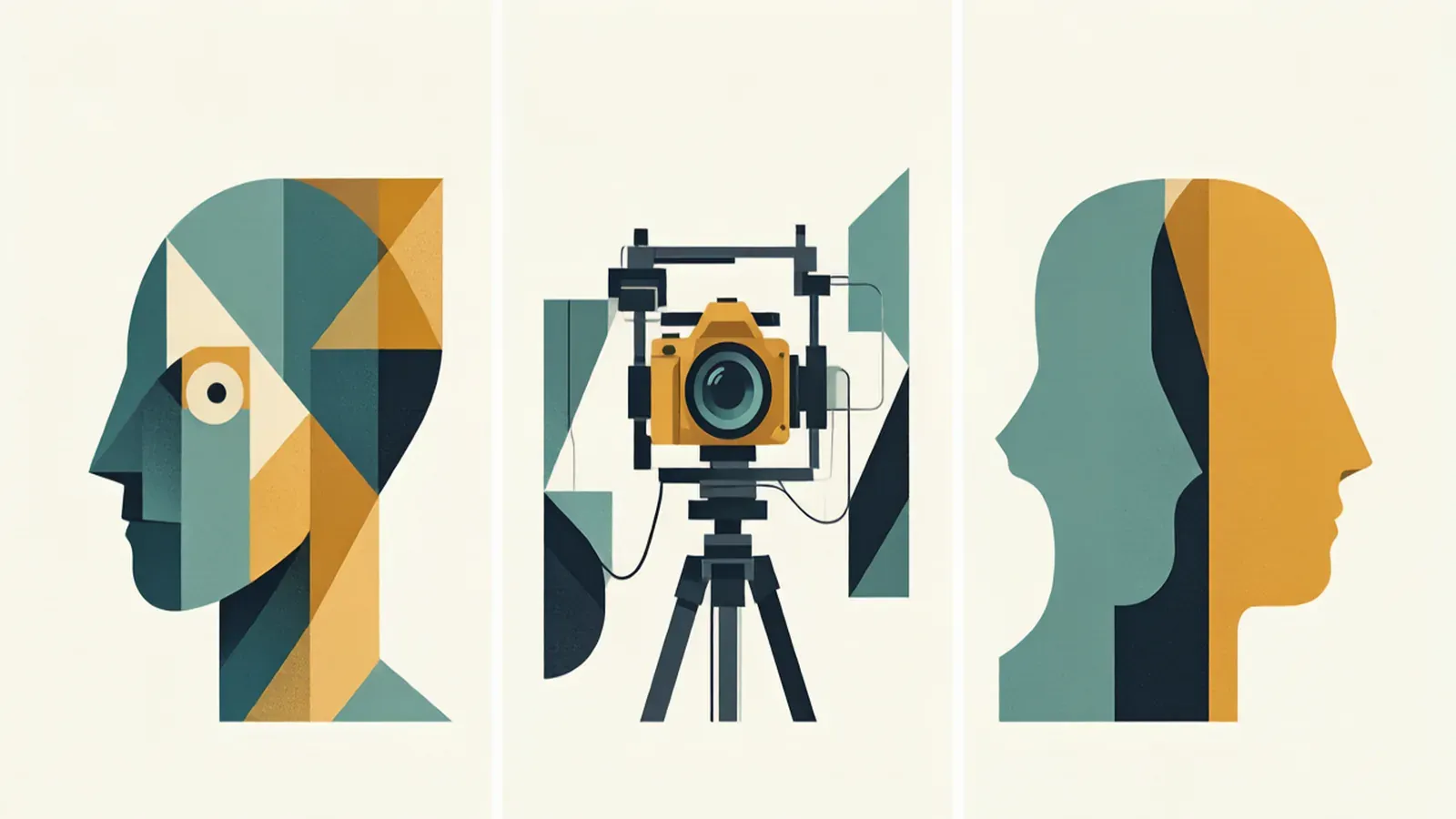 Three panels showing an abstract constructed head, a mirrored captured head, and two overlapping head outlines that nearly match