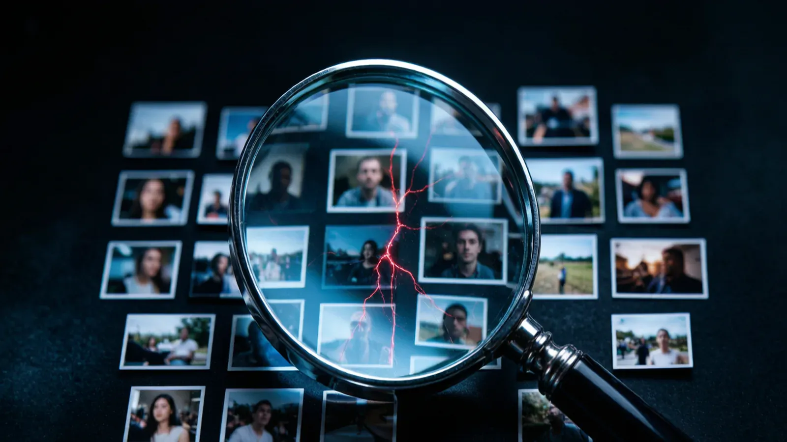 A magnifying glass inspecting a wall of video thumbnail tiles with a faint red crack