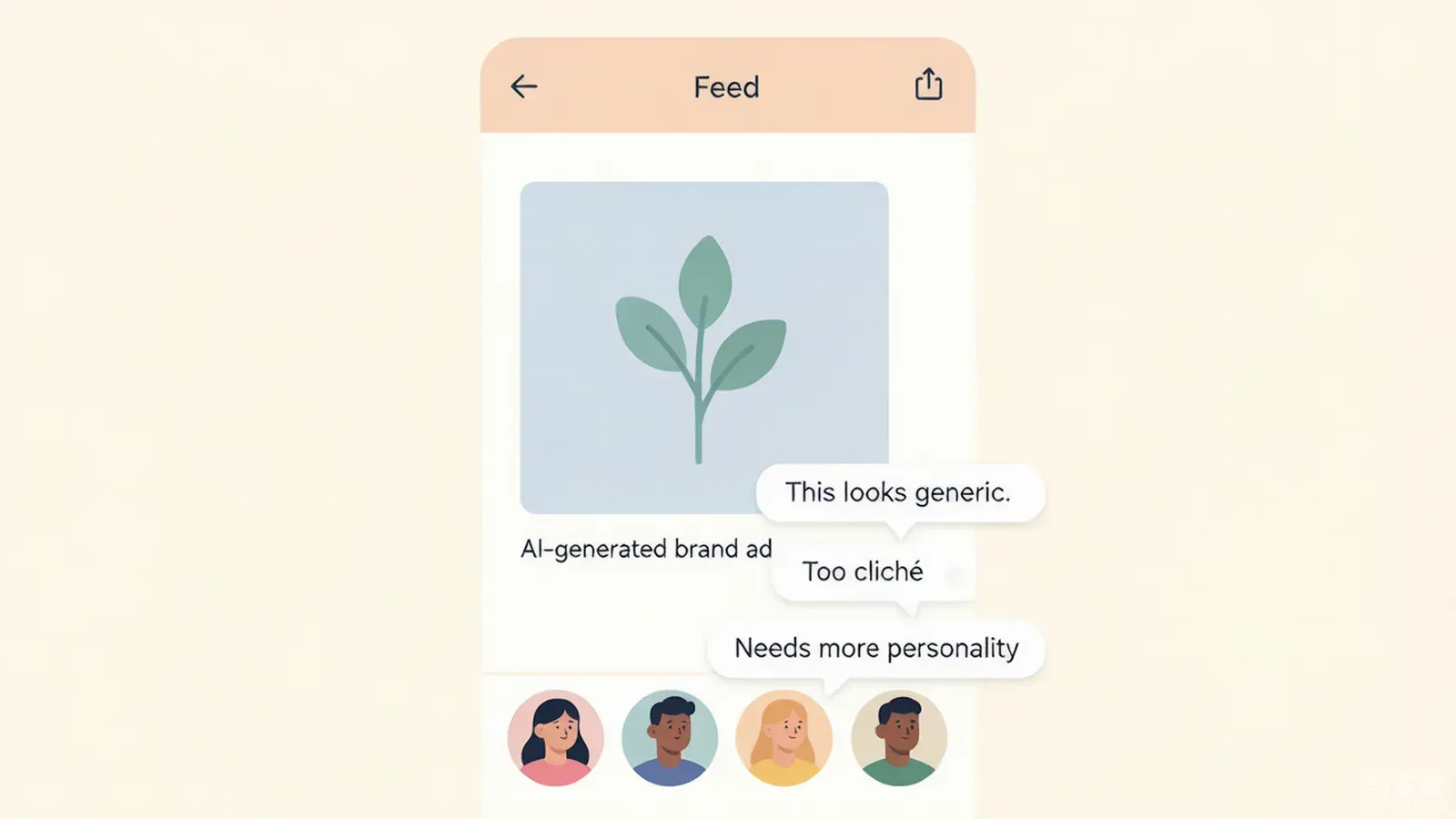 A flat-vector social feed where an AI-generated brand ad is surrounded by mocking comment bubbles, illustrating the 2026 backlash.